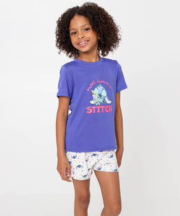 Pijama Infantil Manga Curta Stitch Tam 4 a 12 Lilás