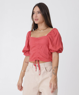 Blusa Cropped Feminina Drapeada Manga 3/4 Marisa