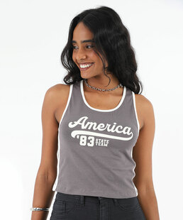 Blusa Regata Feminina Frase Listras Marisa Cinza