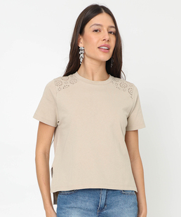 Blusa Feminina Recorte Manga Curta Marisa Bege