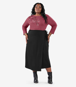 Saia Midi Transpassada Plus Size Secret Glam Preto