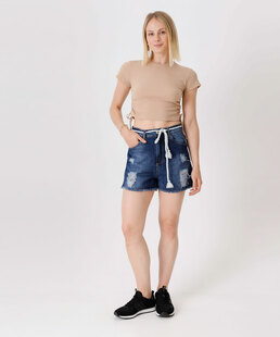 Short Jeans Destroyed Feminino Barra Desfiada