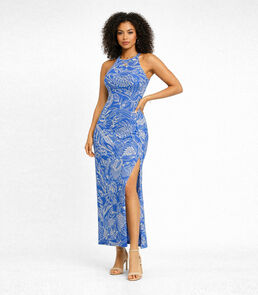 Vestido Longo Estampado Sem Manga Infinita Cor Azul